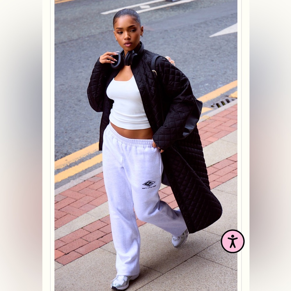 PrettyLittleThing Black Quilted Coat and White Joggers